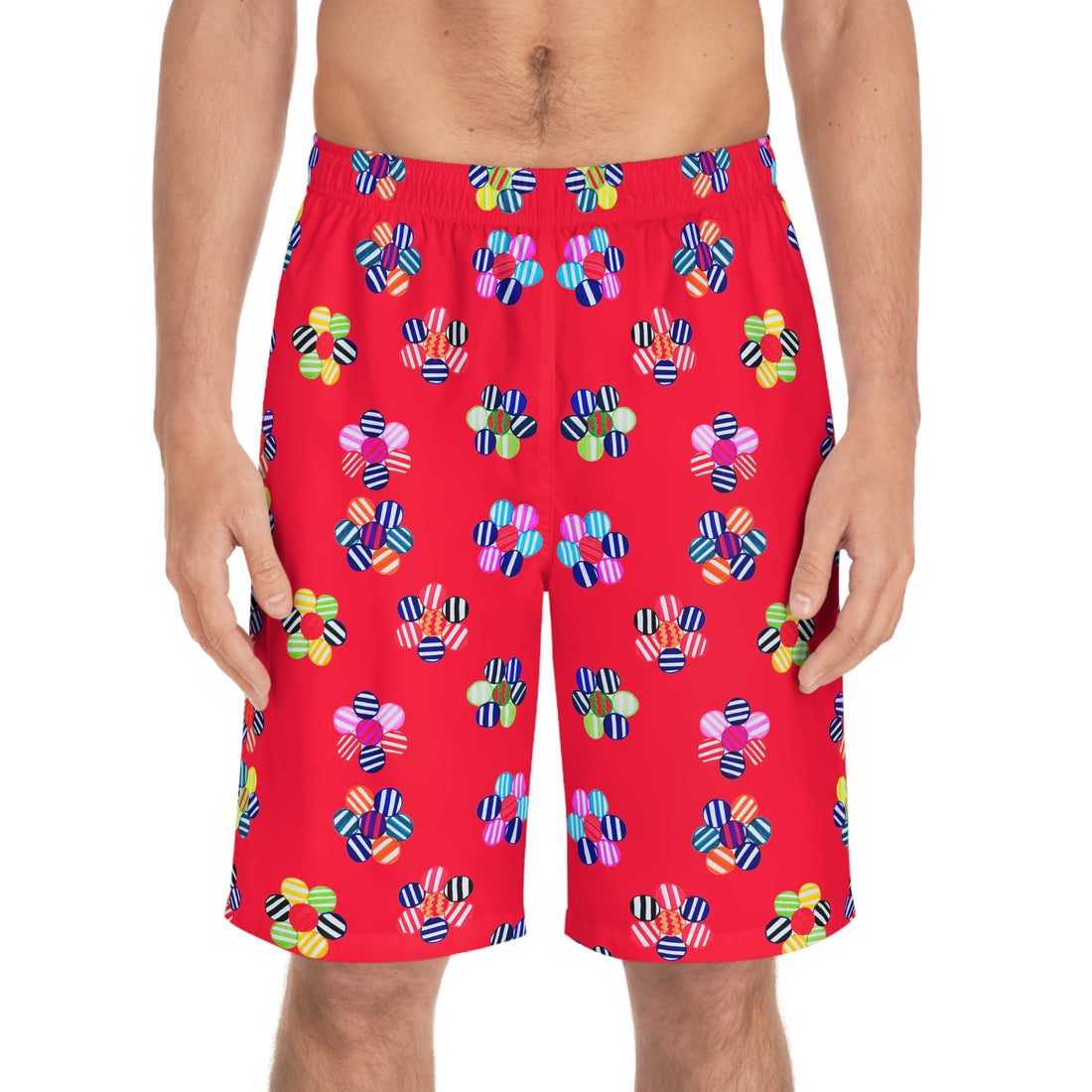 Red geometric floral board shorts for men with elastic waistband