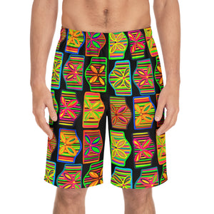 Black Deco Print Men's Board Shorts (AOP)