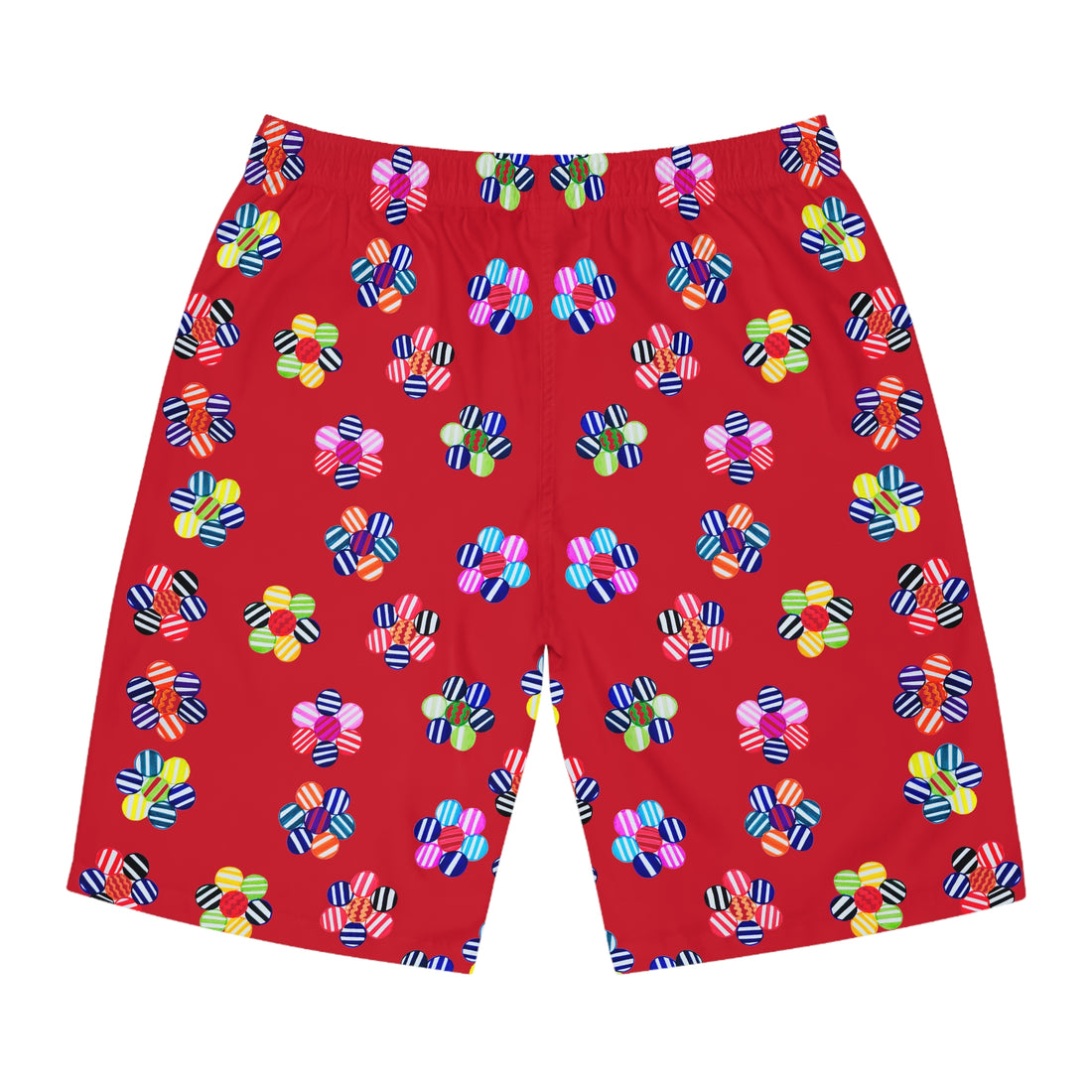 Deep Red Geo Candy Floral Men's Board Shorts (AOP)