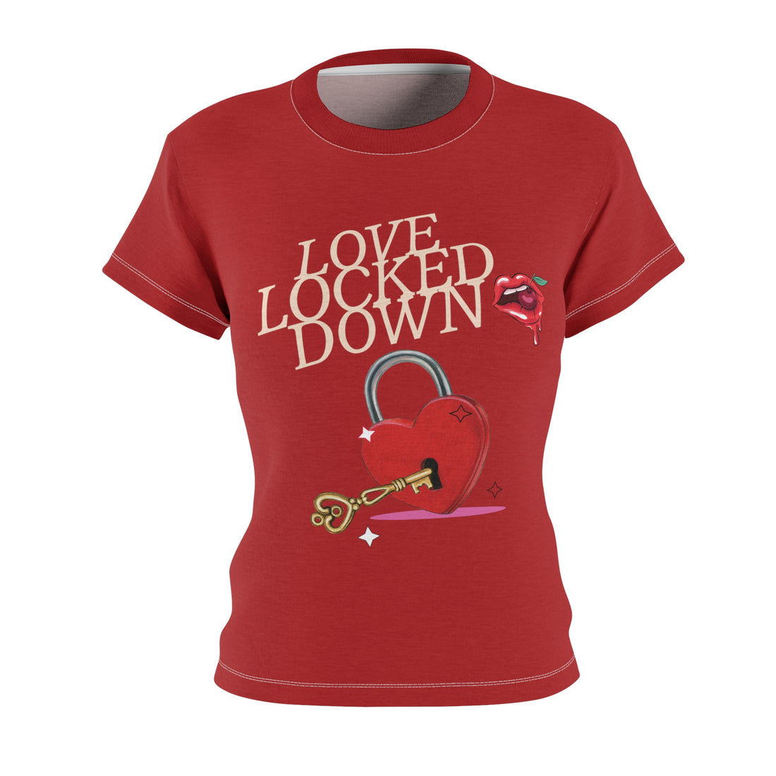 Deep Red Love Locked Typography AOP Women's Cap Sleeves T-shirt