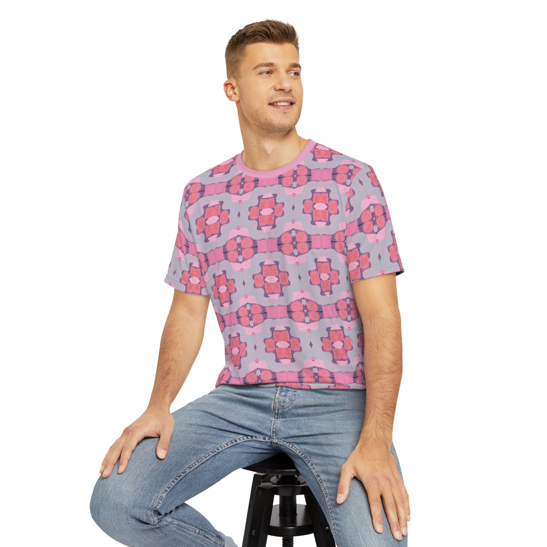 Muted Pink Geometric Print Men's Polyester Tee (AOP)