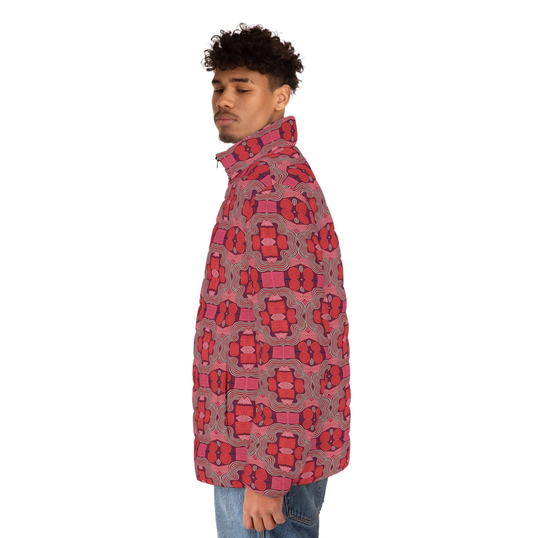 Deep Red Men's Geometric Print Puffer Jacket