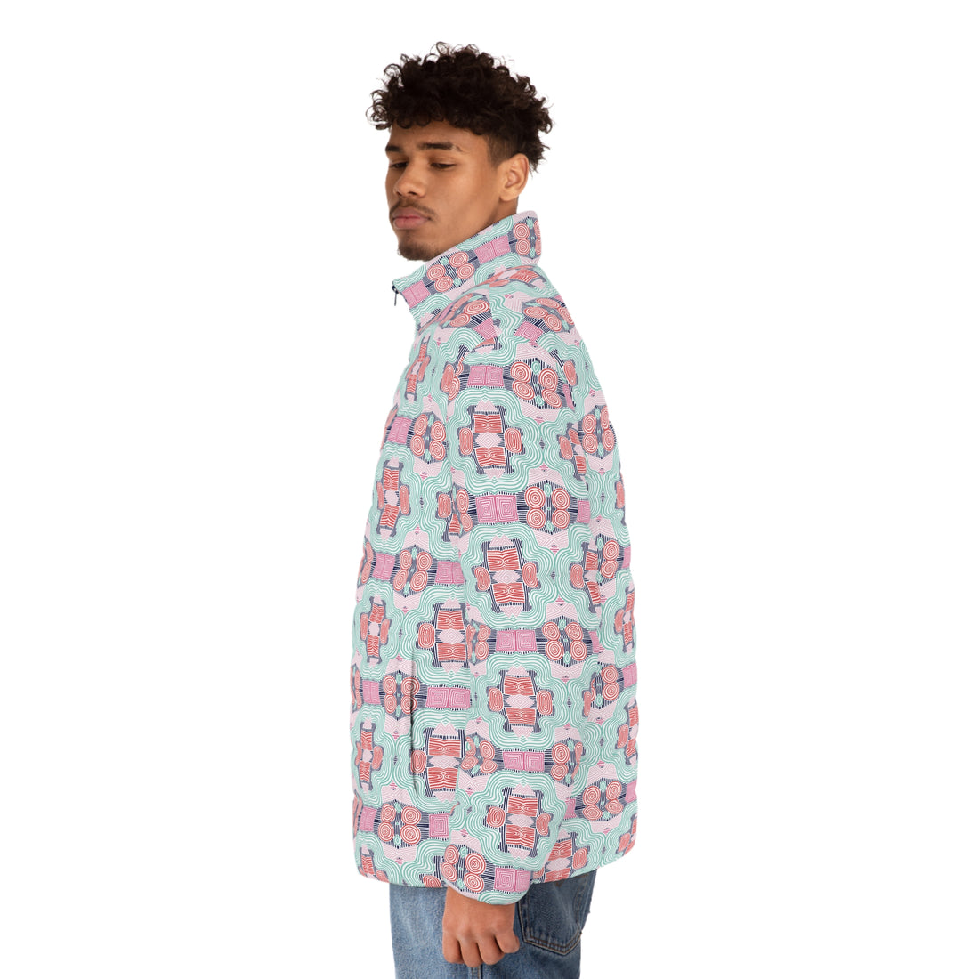 White Men's Geometric Print Puffer Jacket