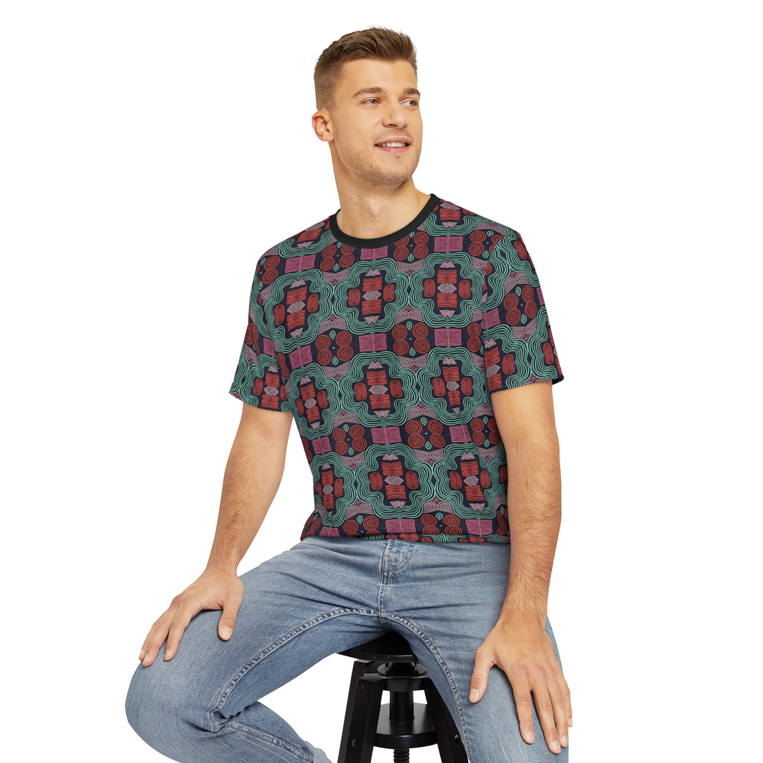 Black Geometric Print Men's Polyester Tee (AOP)