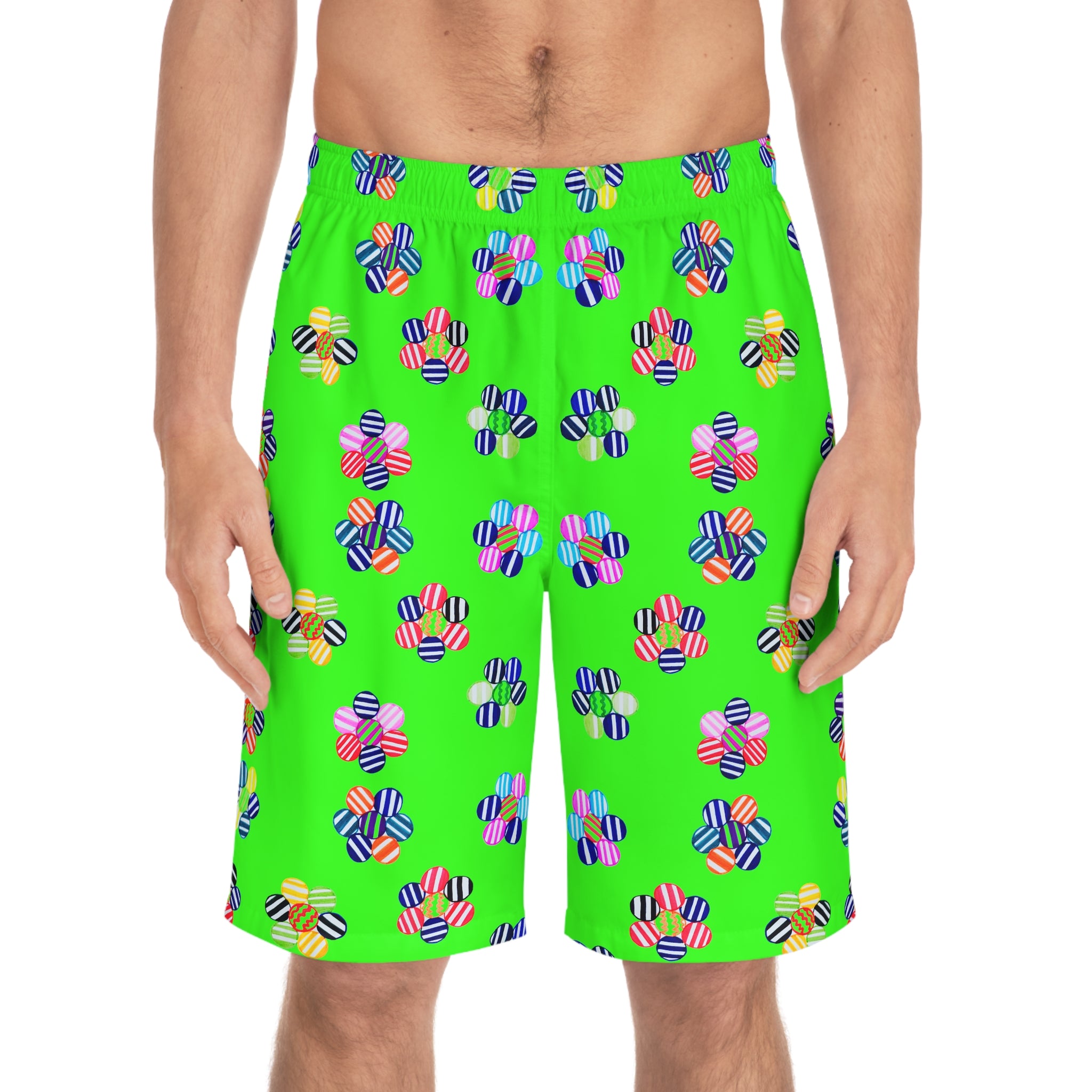 Neon Green Geo Candy Floral Men's Board Shorts (AOP)