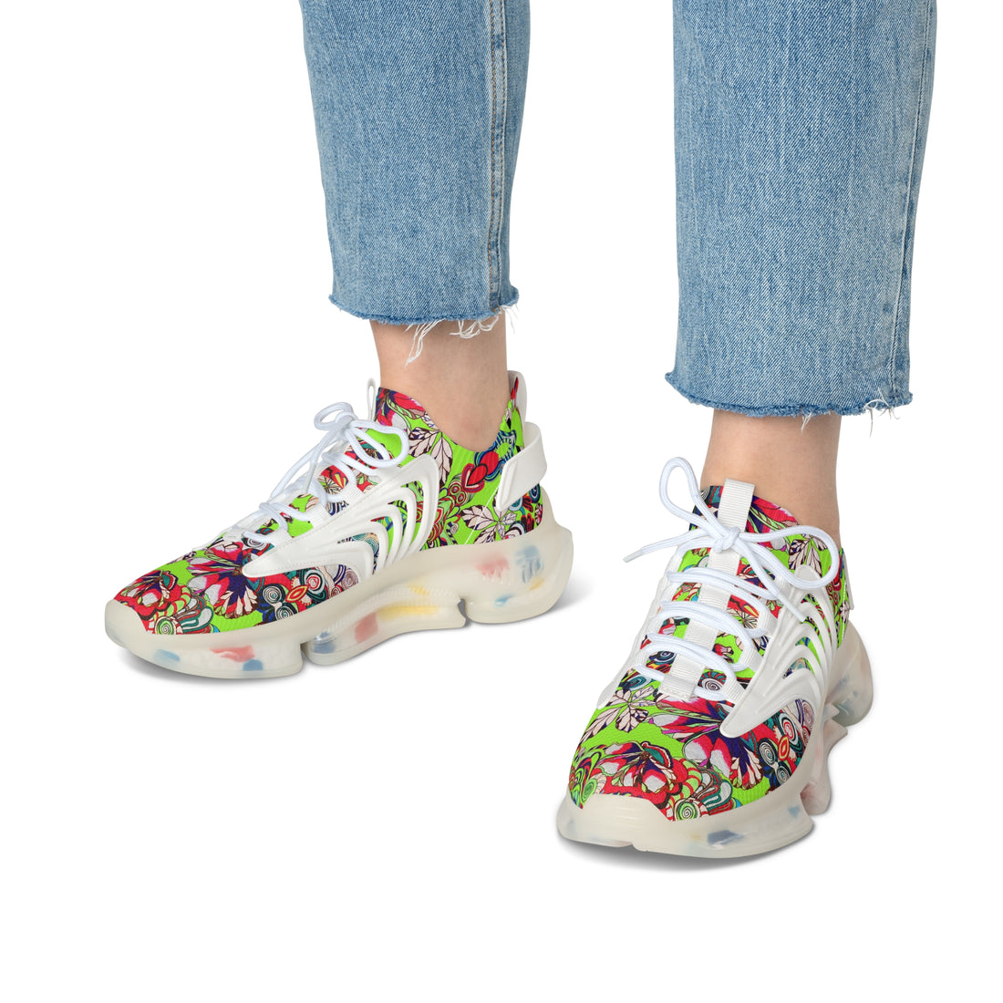 lime green women's graphic floral print mesh knit sneakers