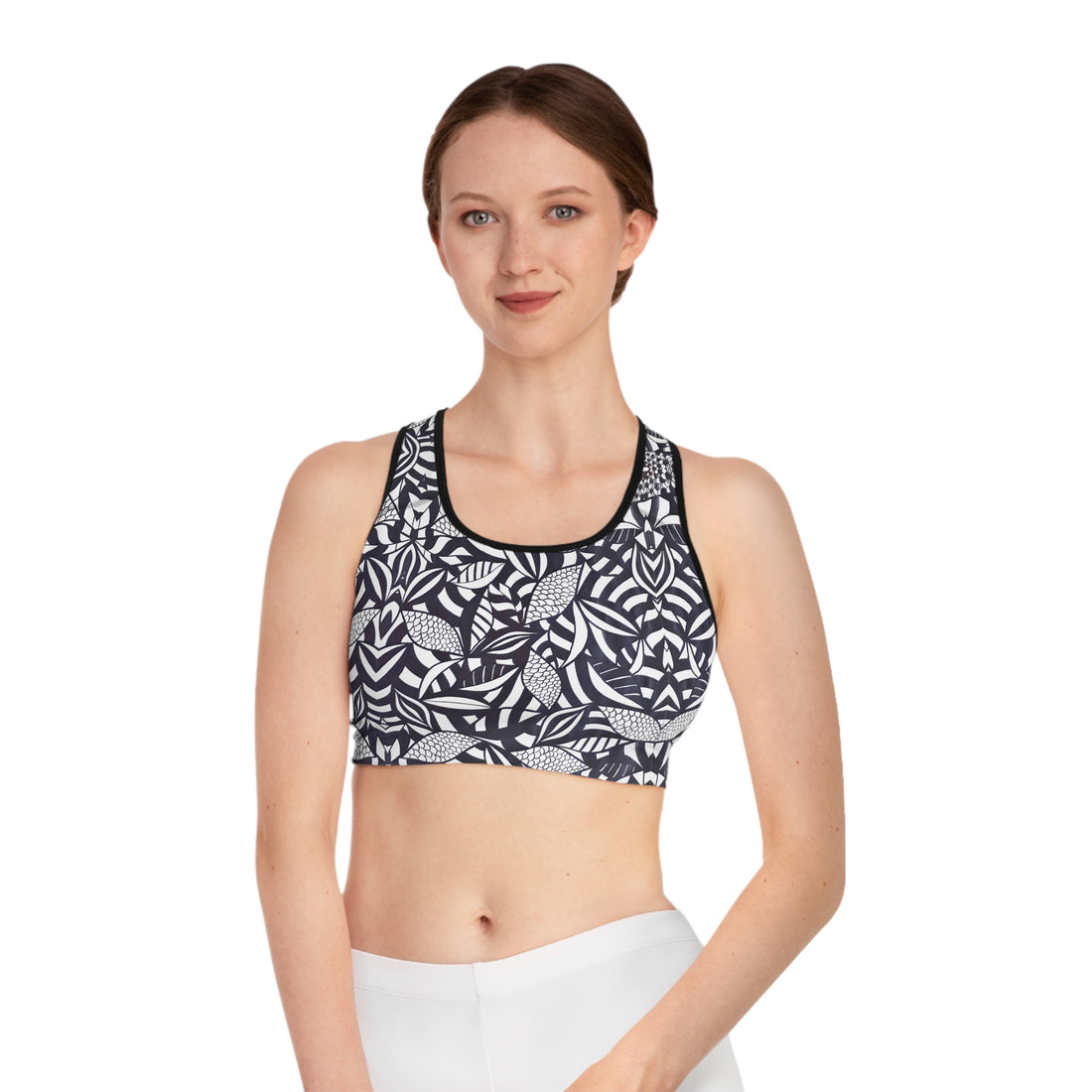 White Tropical Minimalist Racerback (AOP) Sports Bra