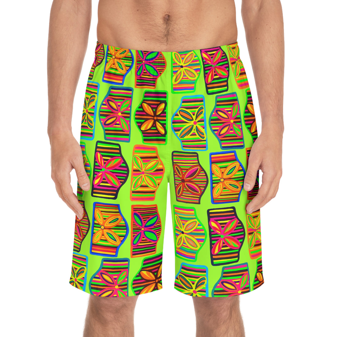 lime green men's art deco print board shorts