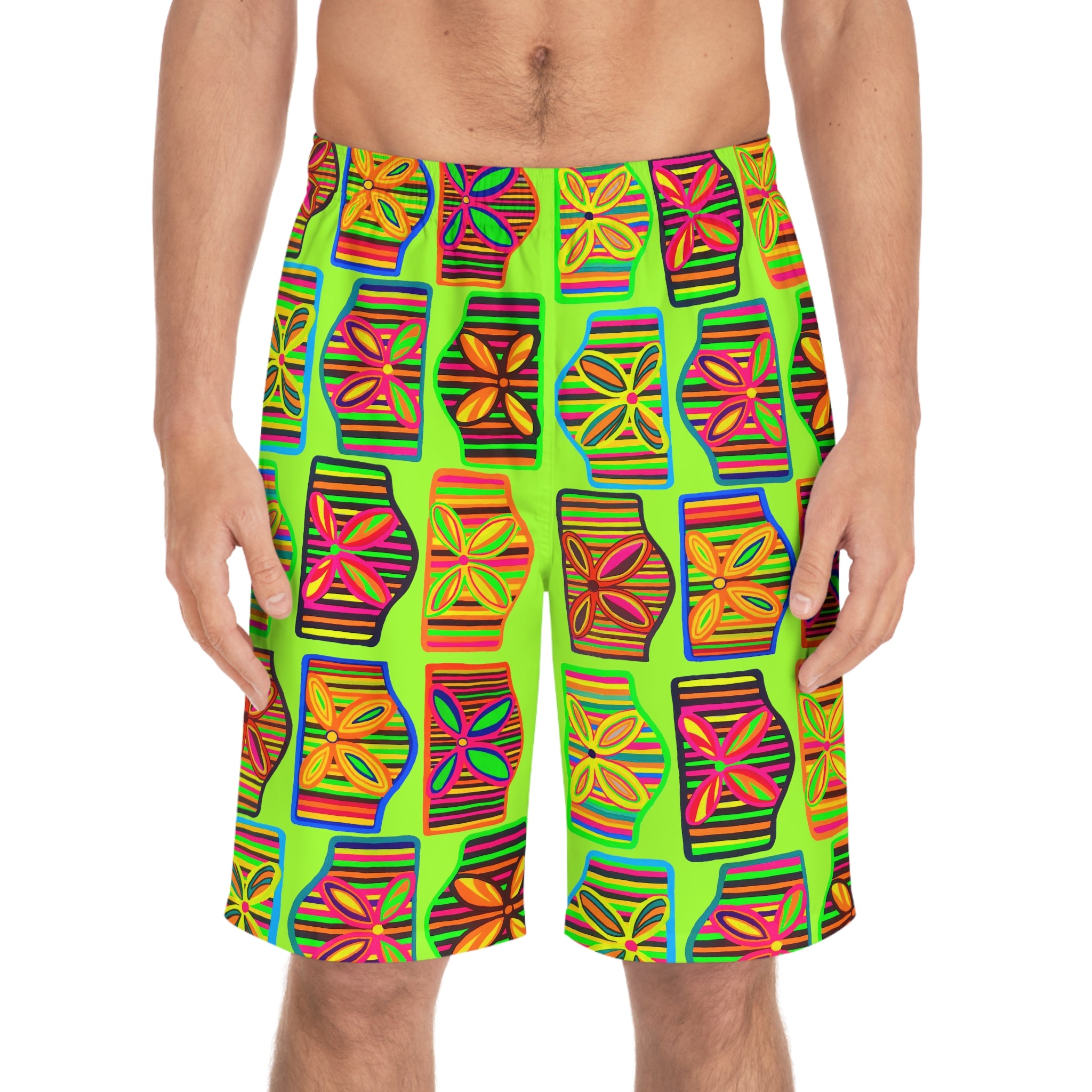 Lime Deco Print Men's Board Shorts (AOP)