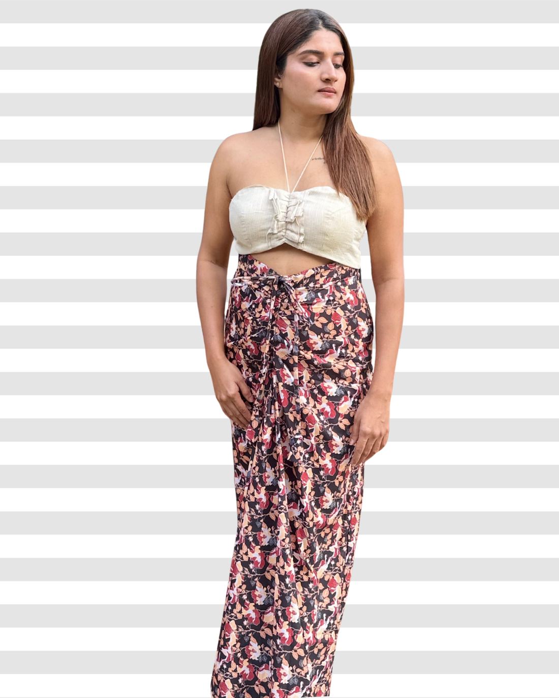 Floral Front Draped Drawstring Skirt with Slit