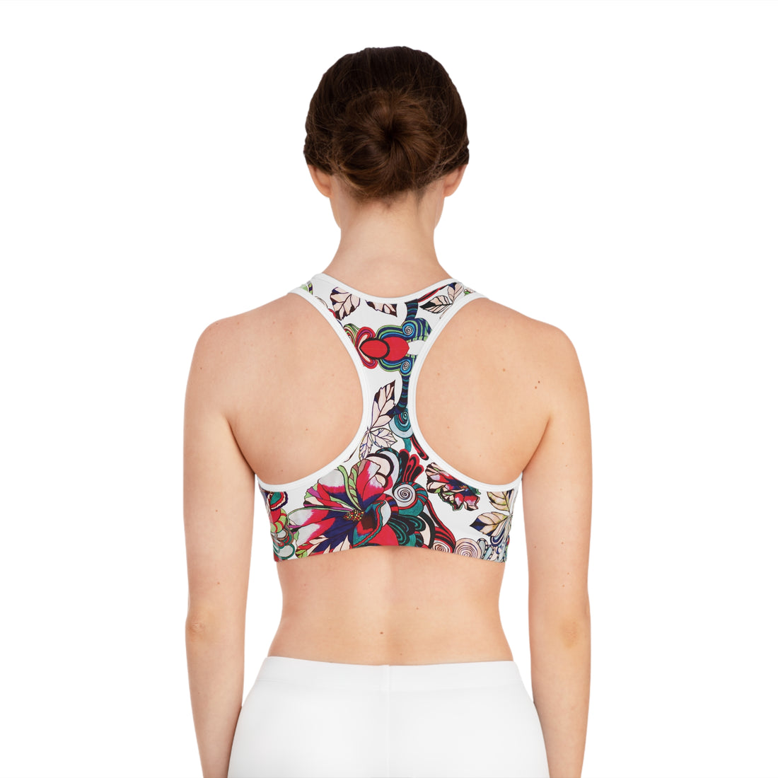 White Graphic Floral Pop Racer Back (AOP) Sports Bra