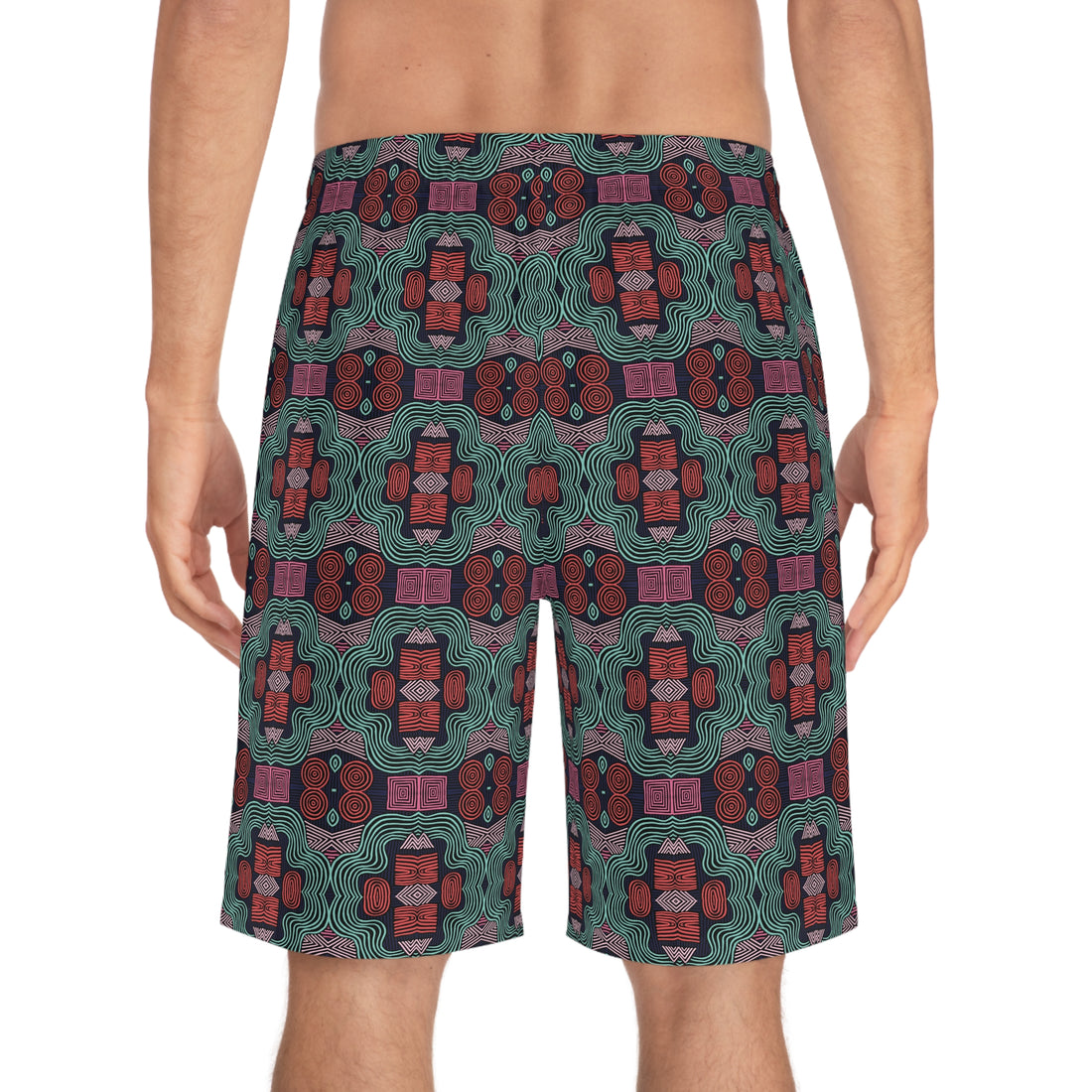 Black Geometric Print Men's Board Shorts (AOP)