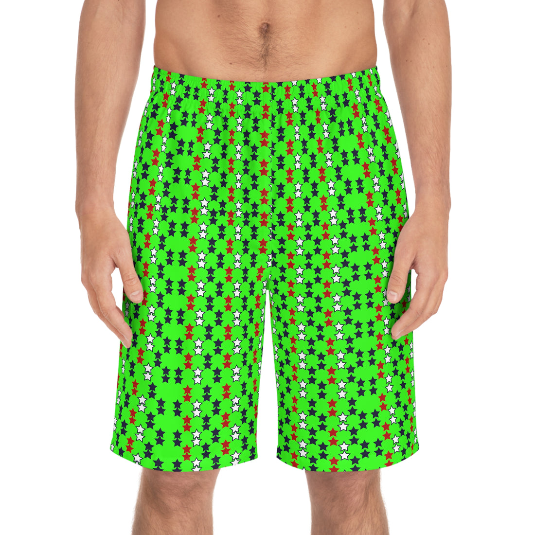 neon green star print board shorts for men