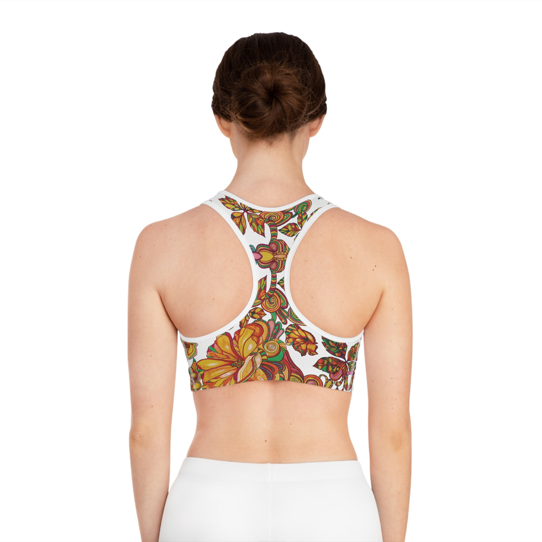 White Artsy Floral Racer Back (AOP) Sports Bra