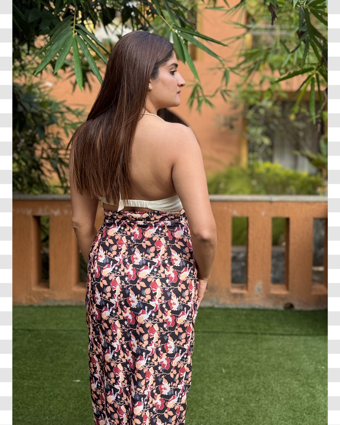 Floral Front Draped Drawstring Skirt with Slit