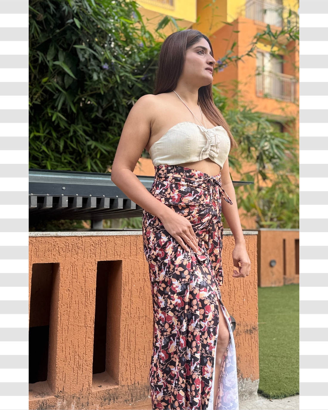 Floral Front Draped Drawstring Skirt with Slit