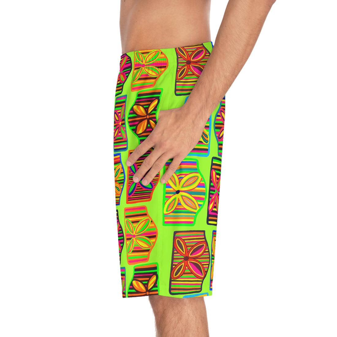 lime green men's art deco print board shorts