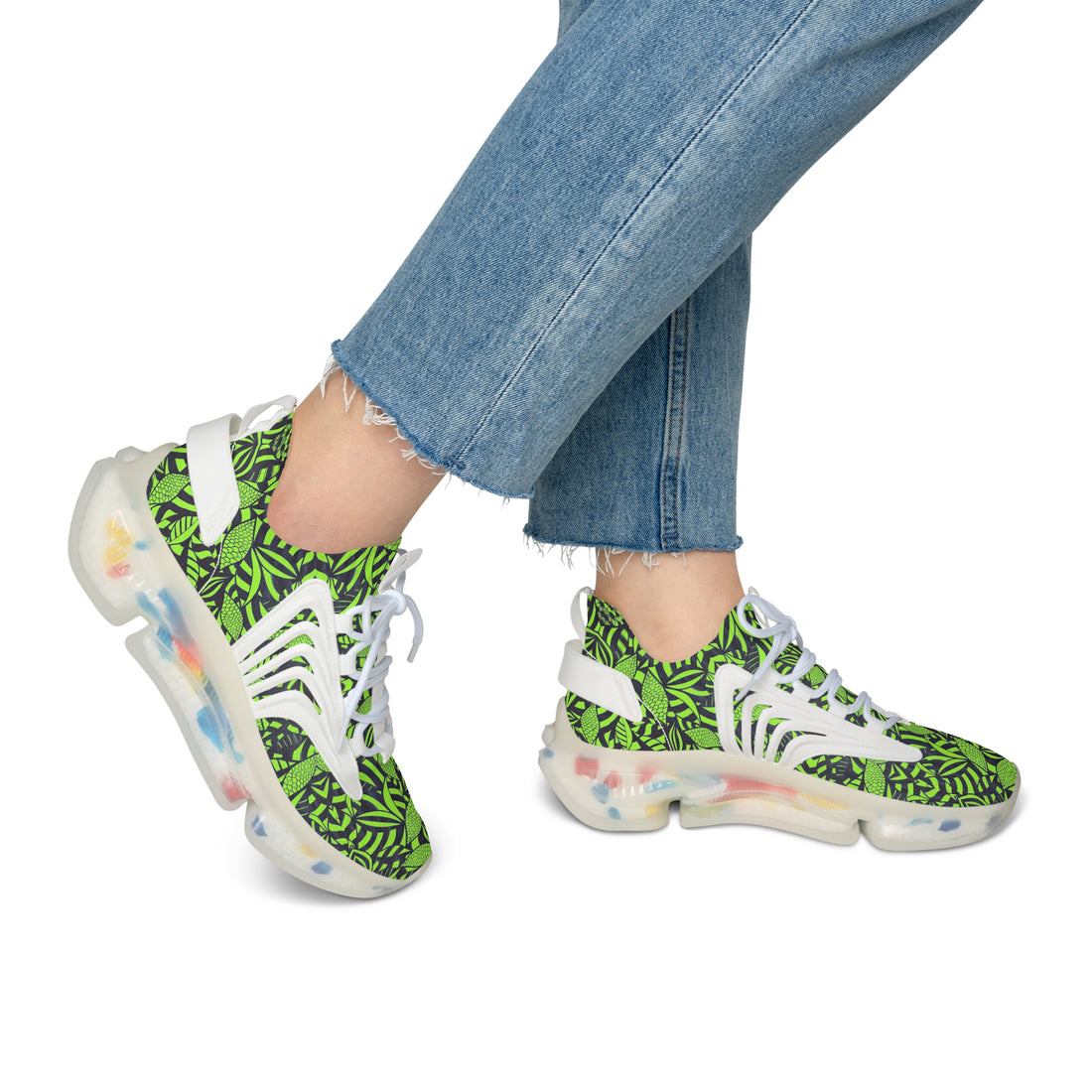 lime green tropical print mesh knit sneakers