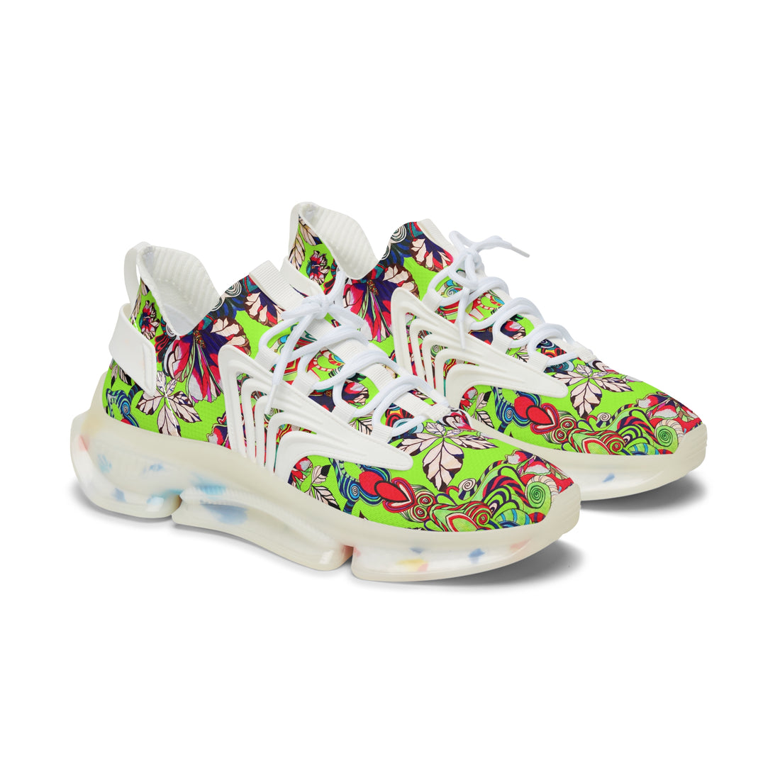 lime green graphic floral print mesh knit sneakers