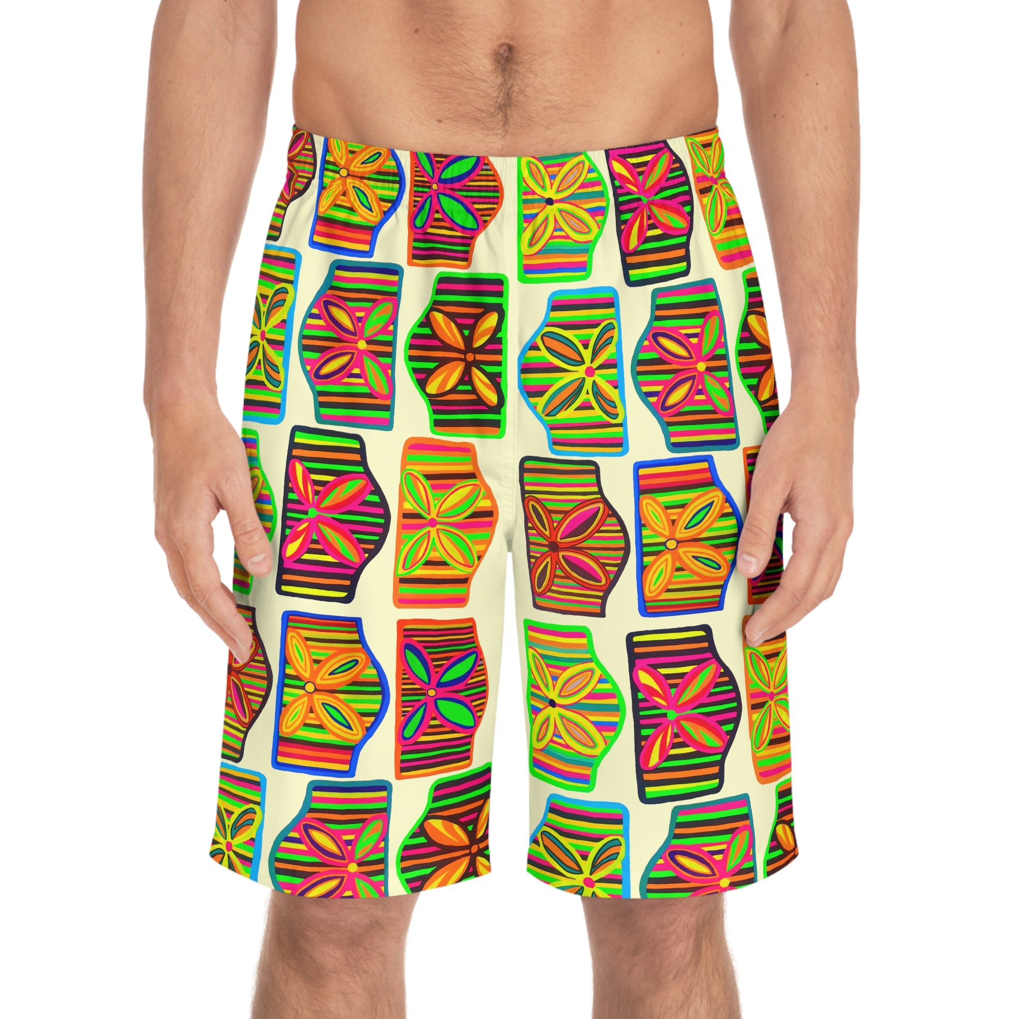 Cream Deco Print Men's Board Shorts (AOP)