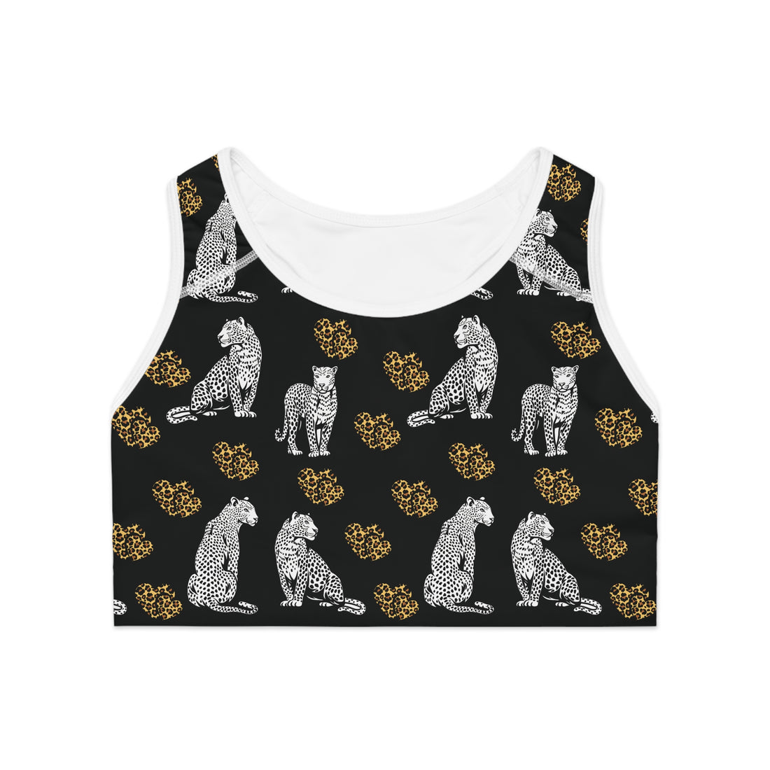 Black Cheetah Hearts (AOP) Sports Bra