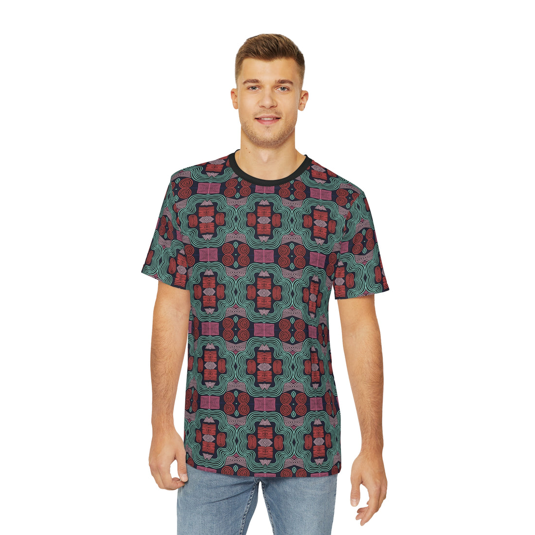 Black Geometric Print Men's Polyester Tee (AOP)