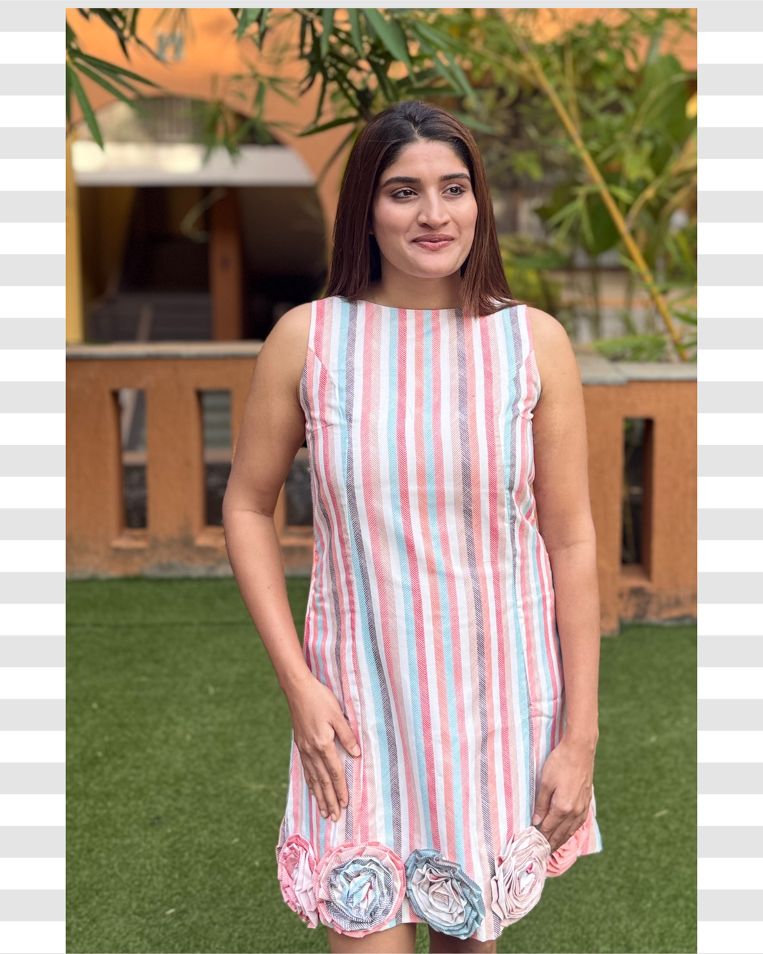 Striped rosette Linen blend Shift Dress