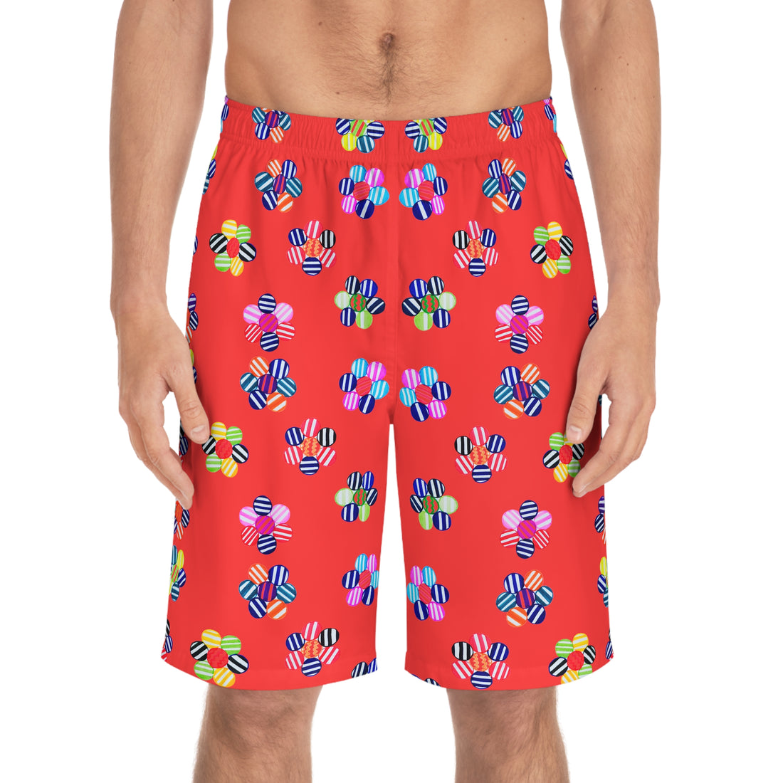 Vermillion Geo Candy Floral Men's Board Shorts (AOP)