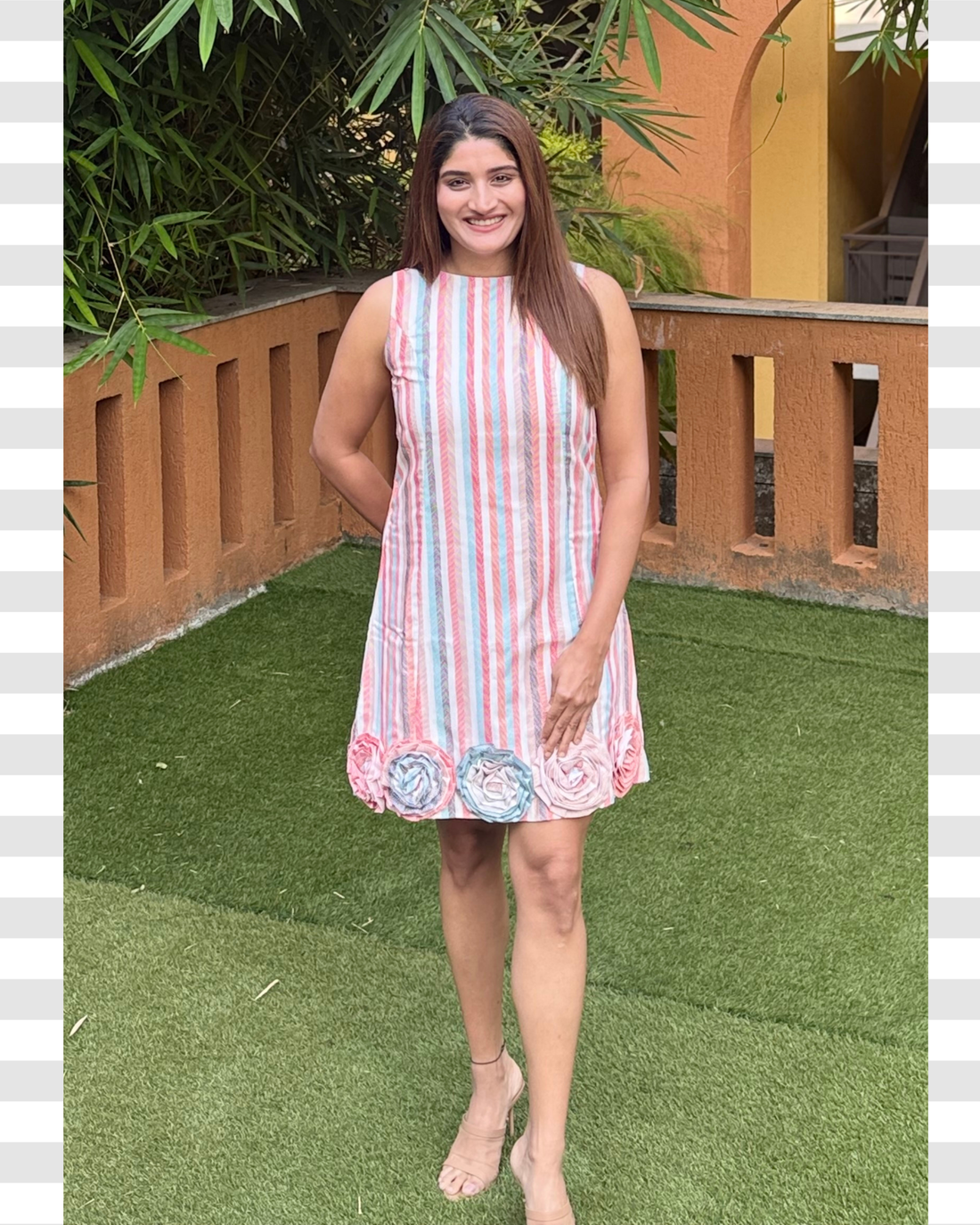 Striped rosette Linen blend Shift Dress