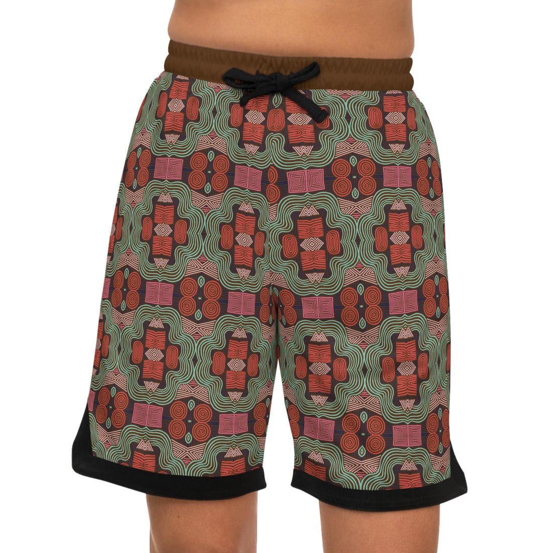Brown Geometric Print Basketball Rib Shorts (AOP)