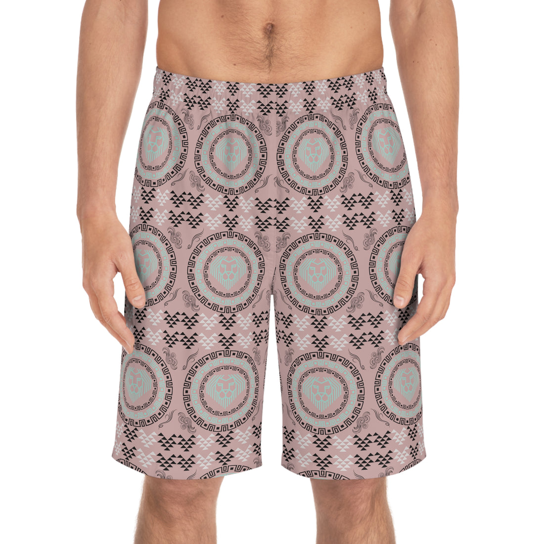 Taupe Geo Lion Head Men's Board Shorts (AOP)