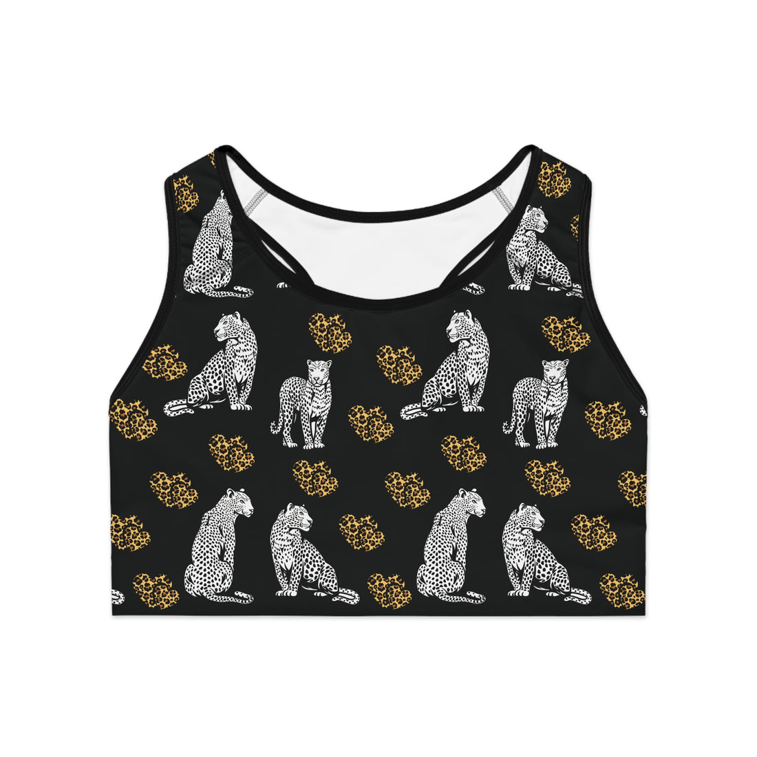 Black Cheetah Hearts (AOP) Sports Bra