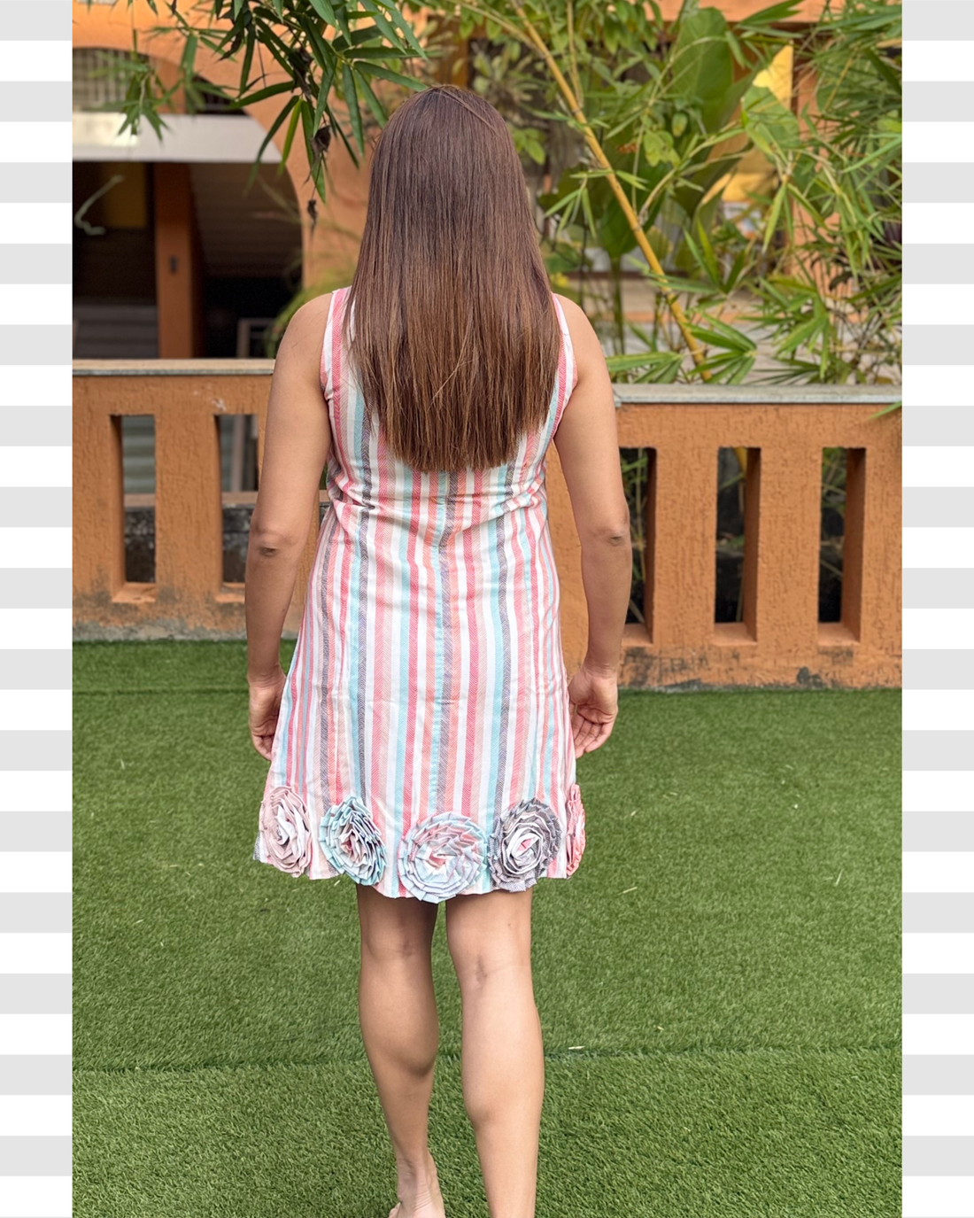 Striped rosette Linen blend Shift Dress