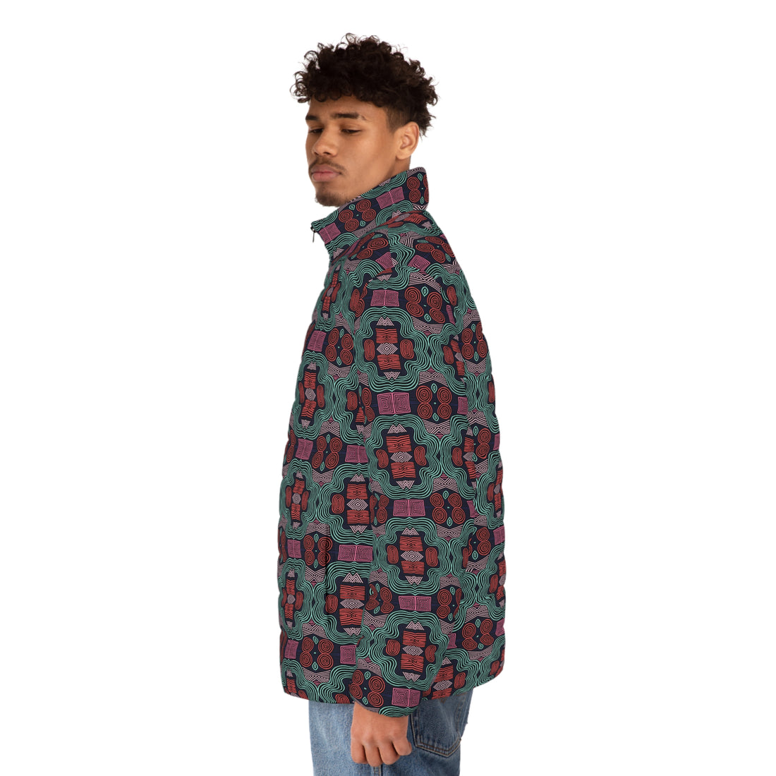 Black Men's Geometric Print Puffer Jacket