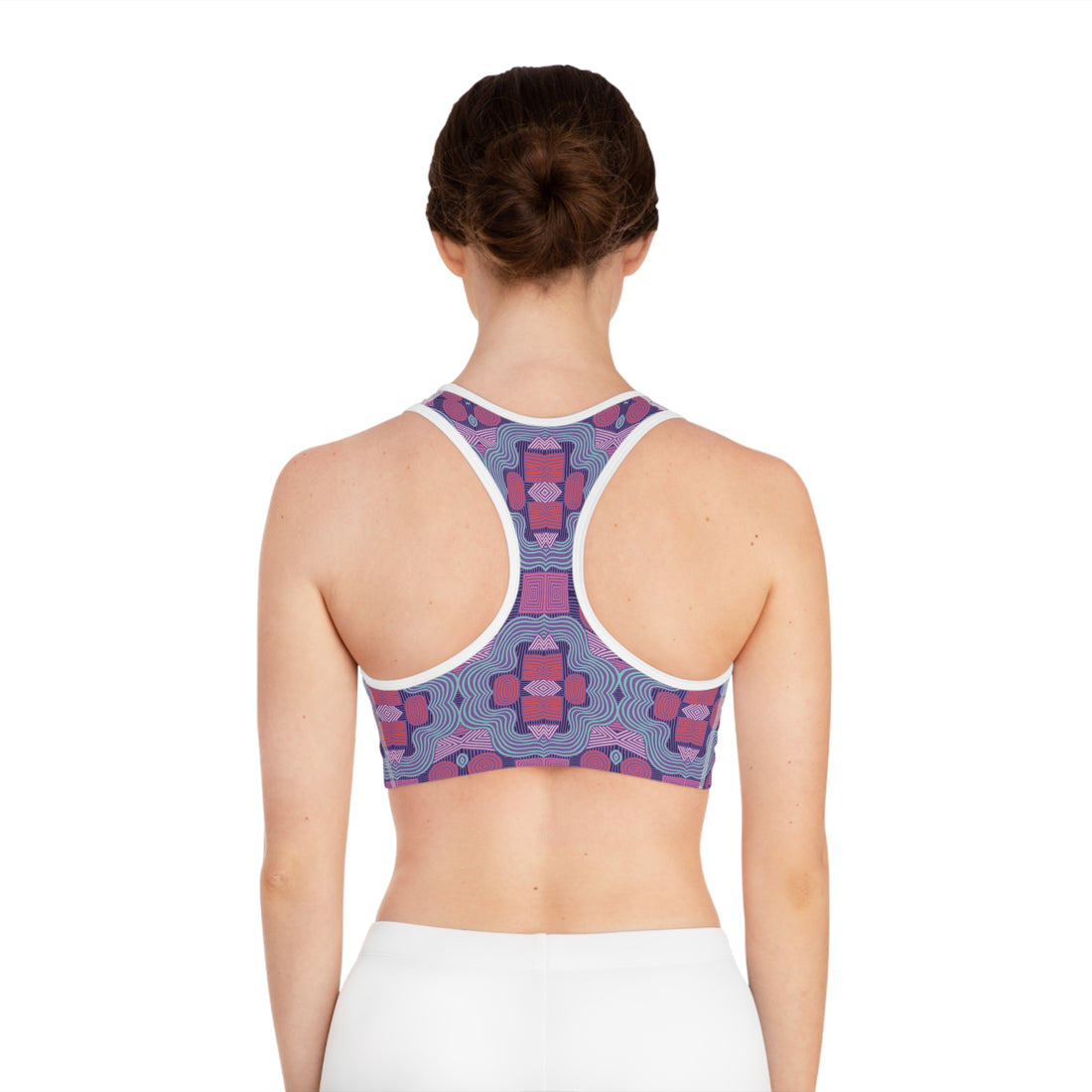 Pearl Purple Geometric Print (AOP) Racerback Sports Bra