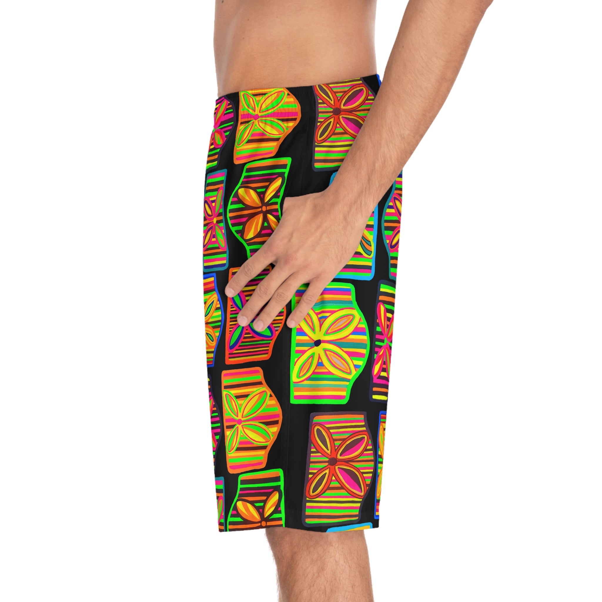 Black Deco Print Men's Board Shorts (AOP)