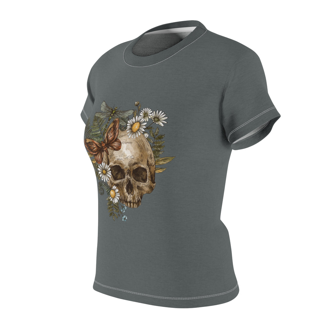 ash grey skull, floral & butterfly vintage print t-shirt for women