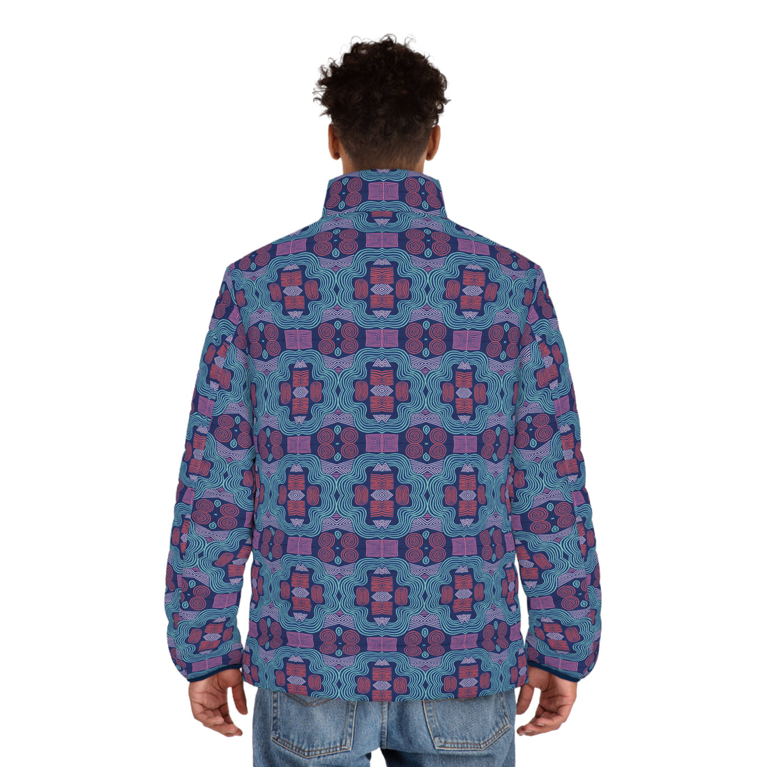 Blue Men's Geometric Print Puffer Jacket