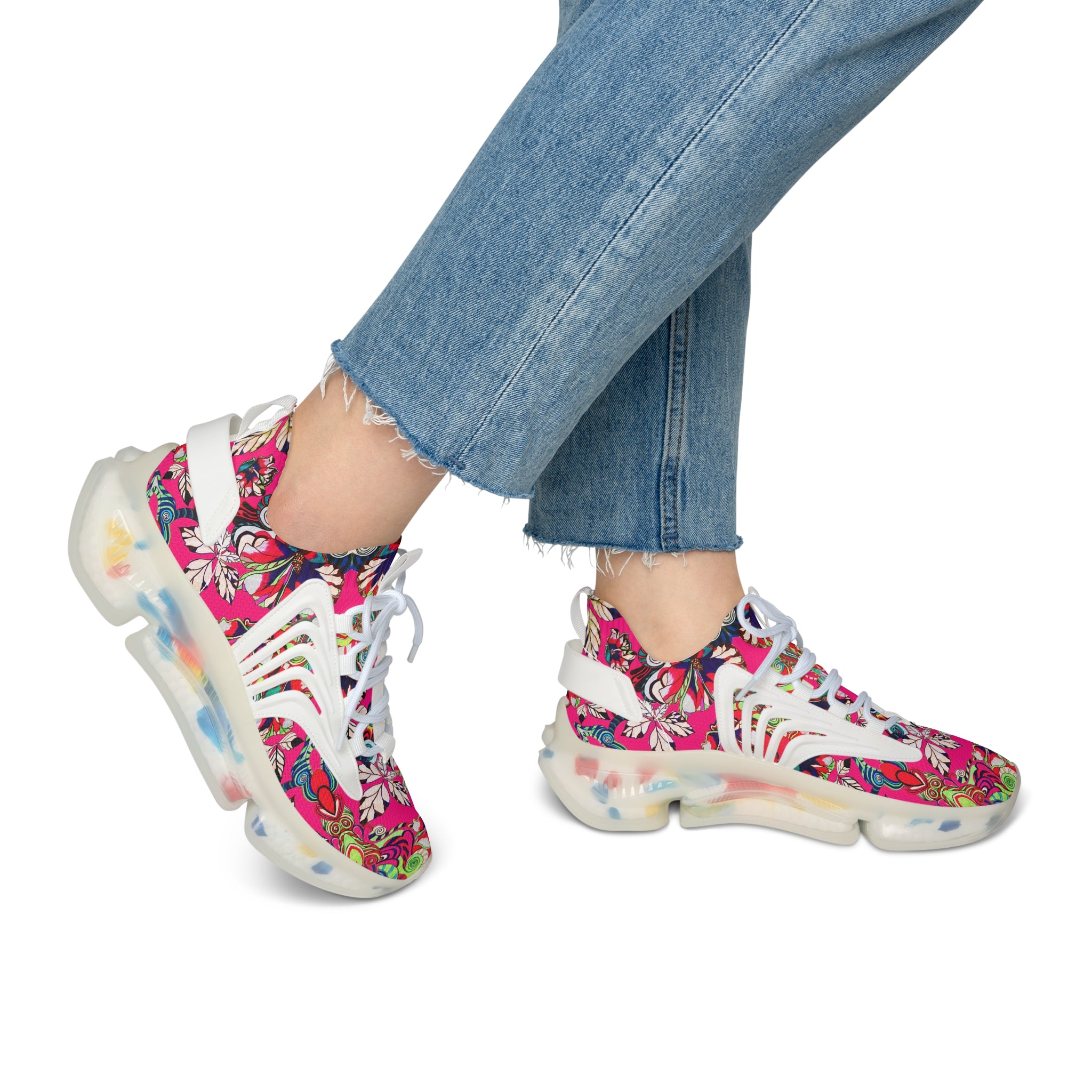Hot Pink Floral Pop OTT Women's Mesh Knit Sneakers
