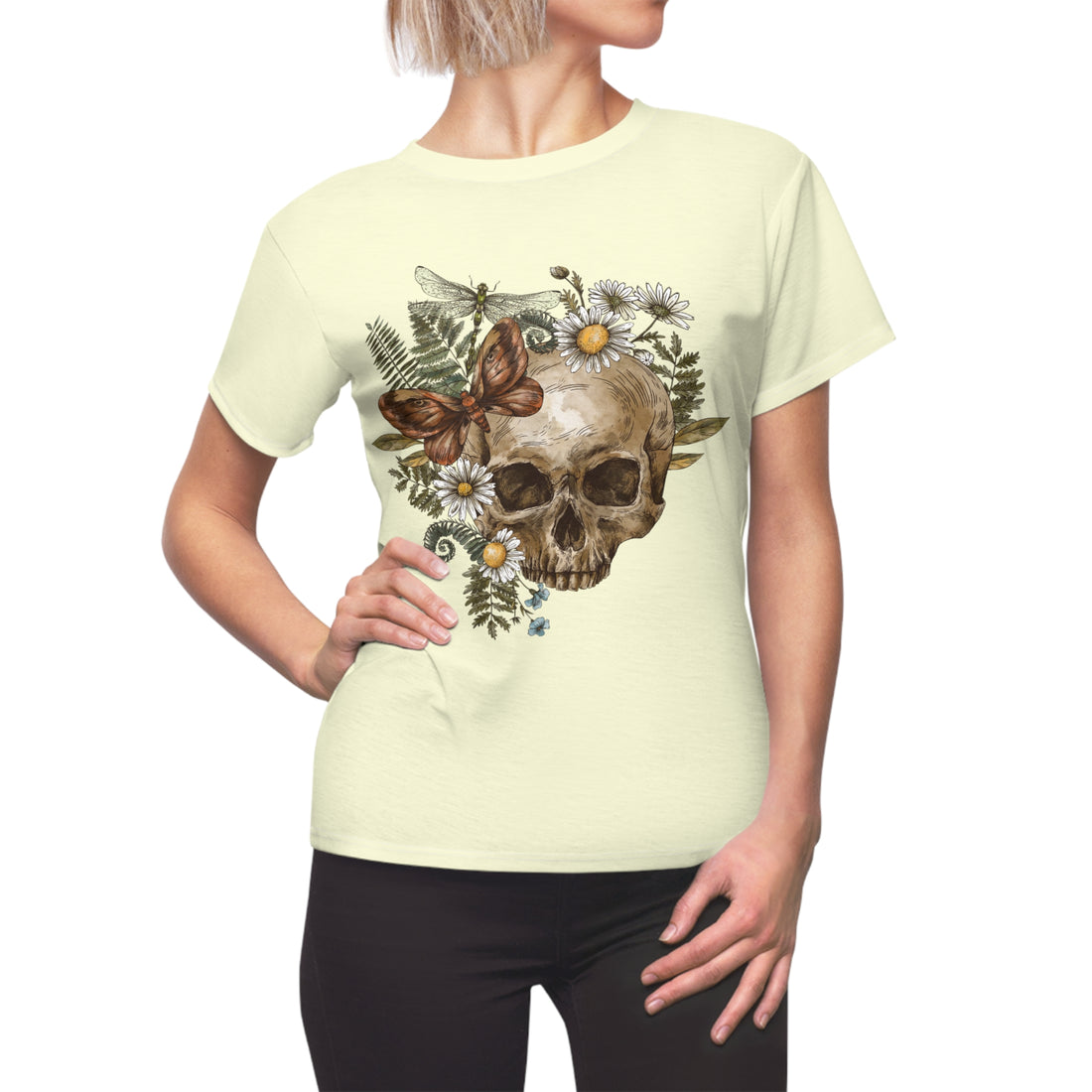cream skull, floral & butterfly vintage print t-shirt for women