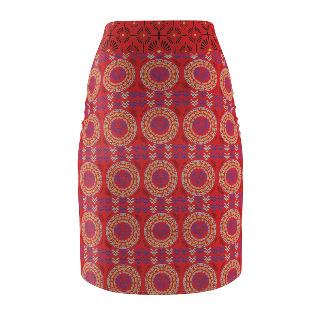 Red Geo Lion Head Pencil Skirt