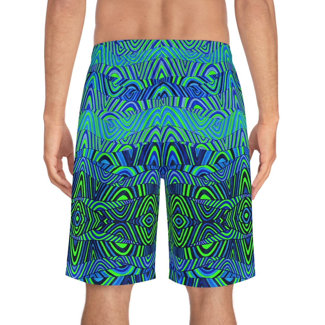 neon green  sonic waves print board shorts for men