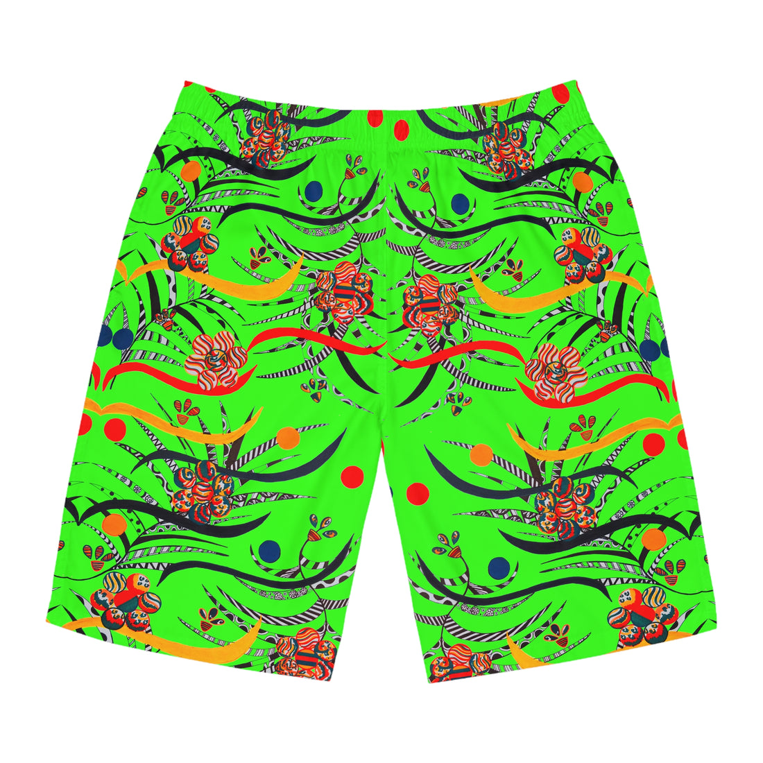 Neon Green Wilderness Print Men's Board Shorts (AOP)