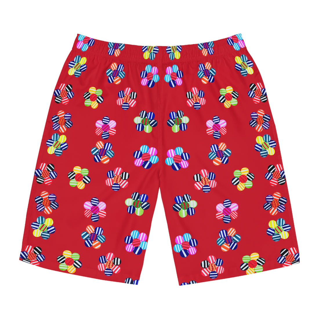 Deep Red Geo Candy Floral Men's Board Shorts (AOP)