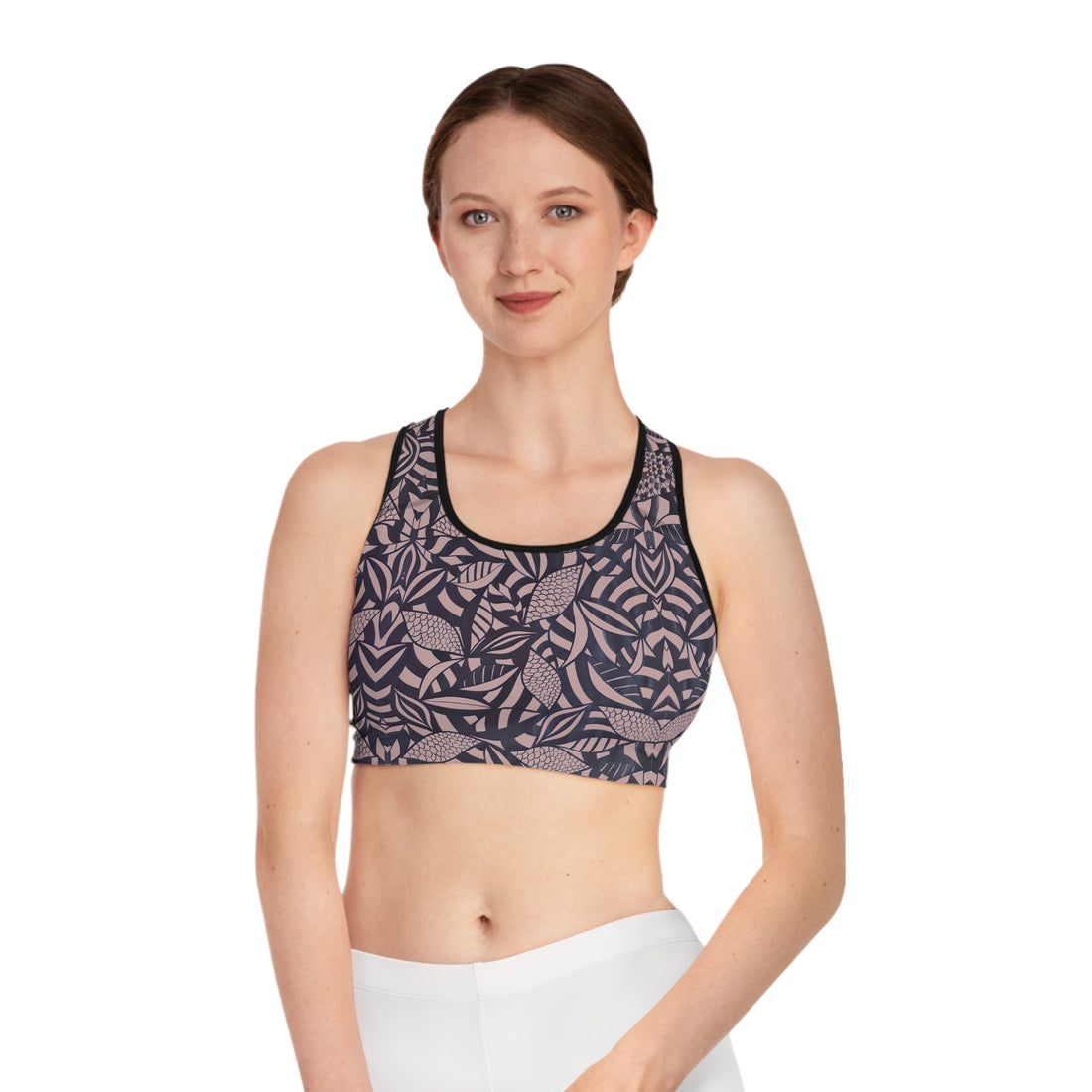 Taupe Tropical Minimalist Racerback (AOP) Sports Bra