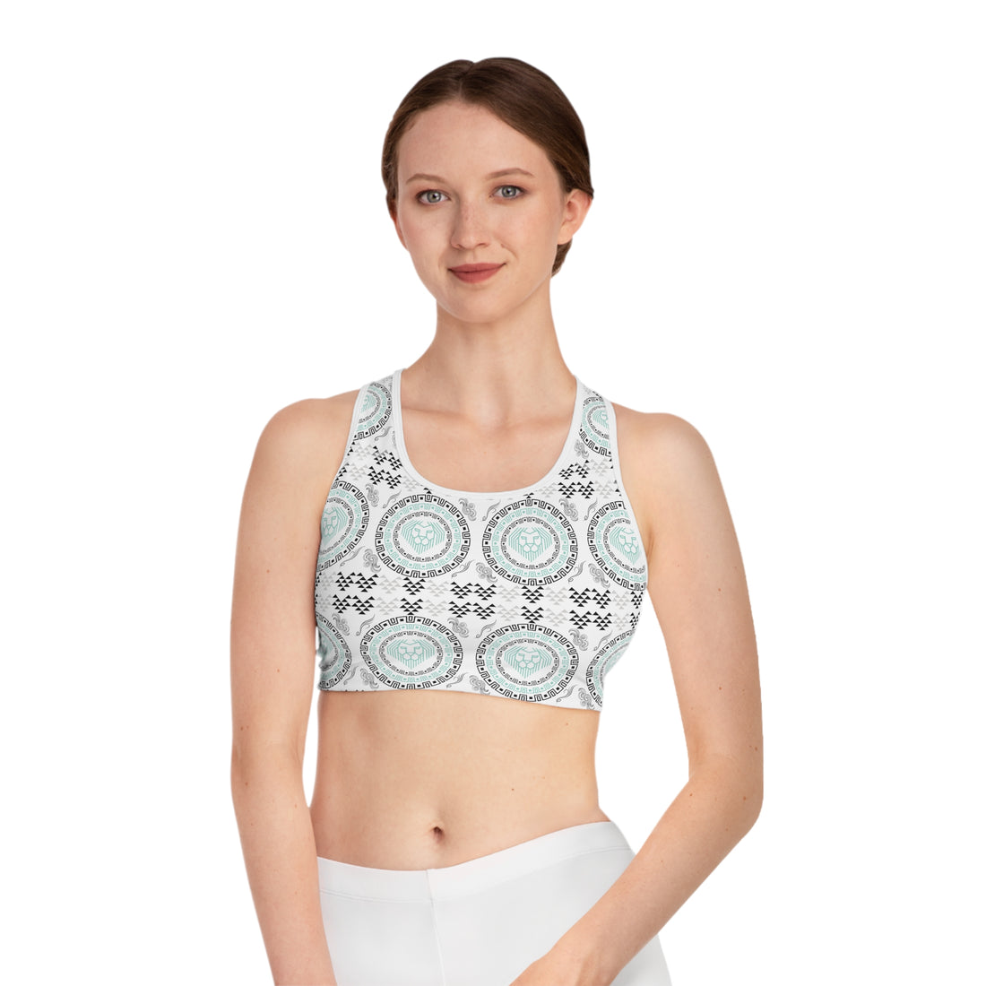 White Geo Lion Head Racerback (AOP) Sports Bra