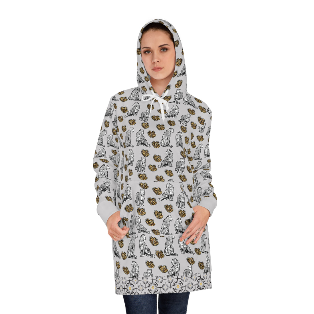 Slate Cheetah Hearts Hoodie Dress (AOP)