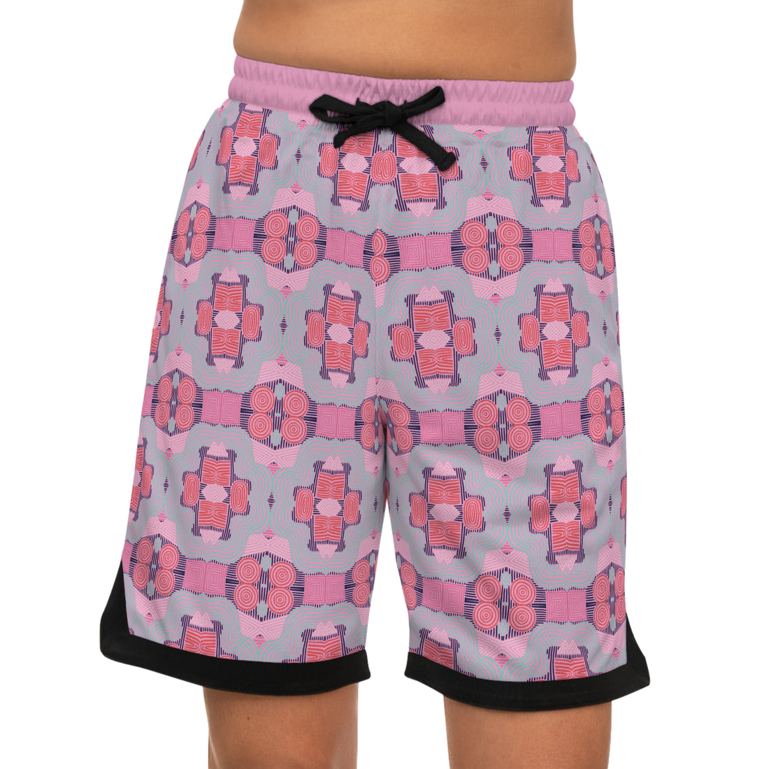 Muted Pink Geometric Print Basketball Rib Shorts (AOP)