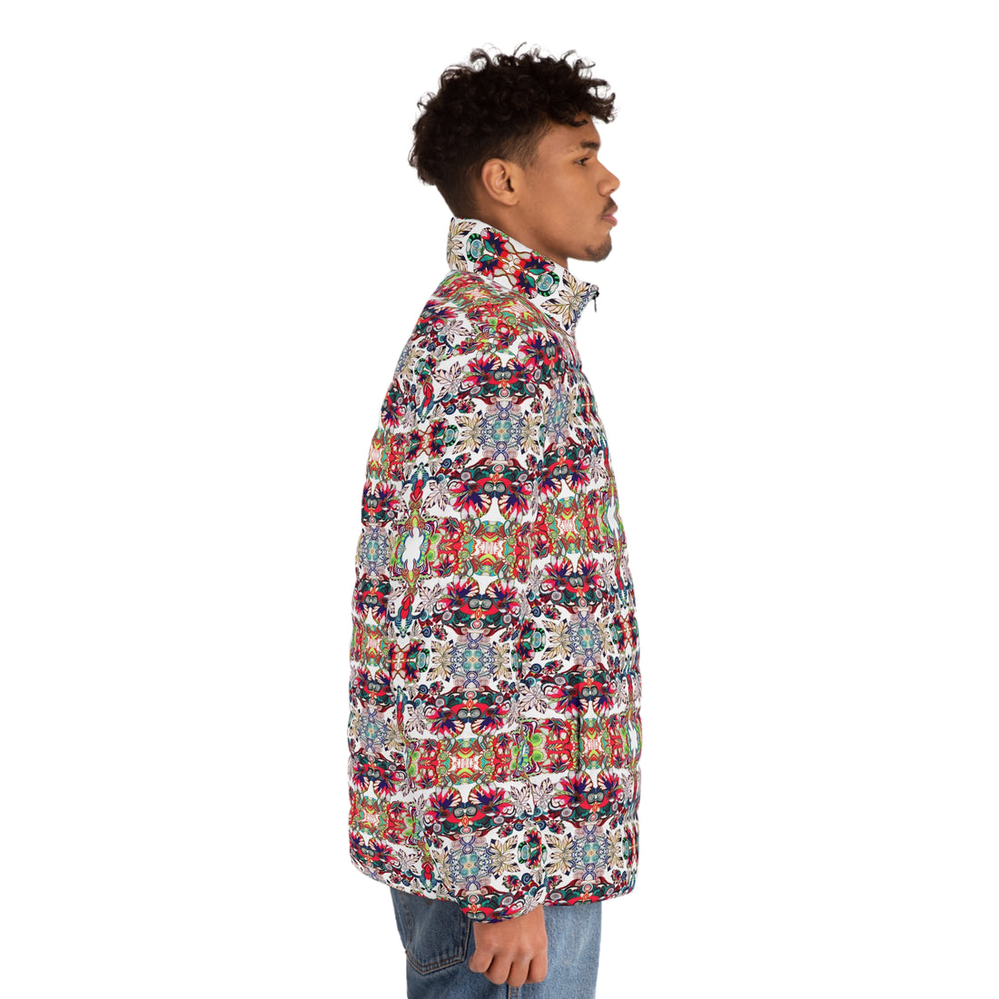 White Artsy Floral Pop Men's Puffer Jacket