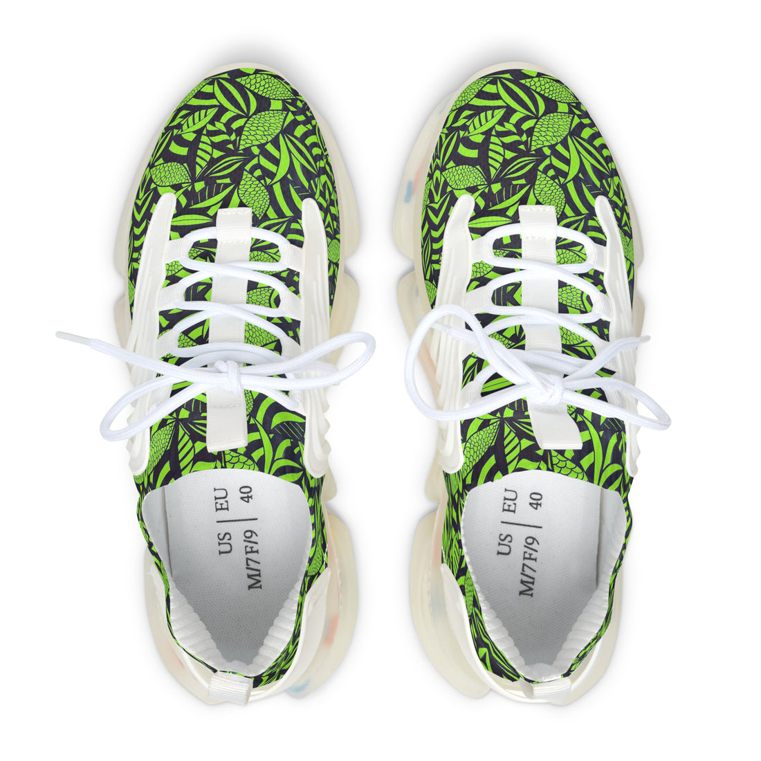 lime green tropical print mesh knit sneakers